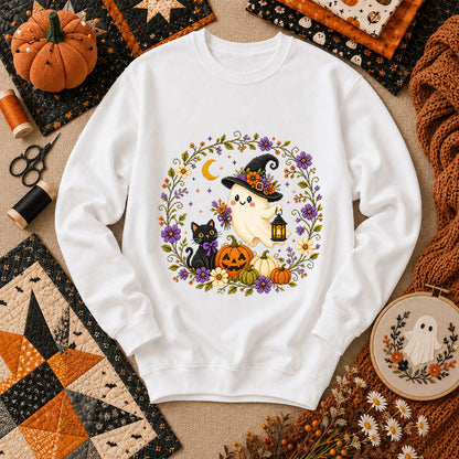 Witchy Ghost Cat Pumpkin Wreath Long Sleeve - White
