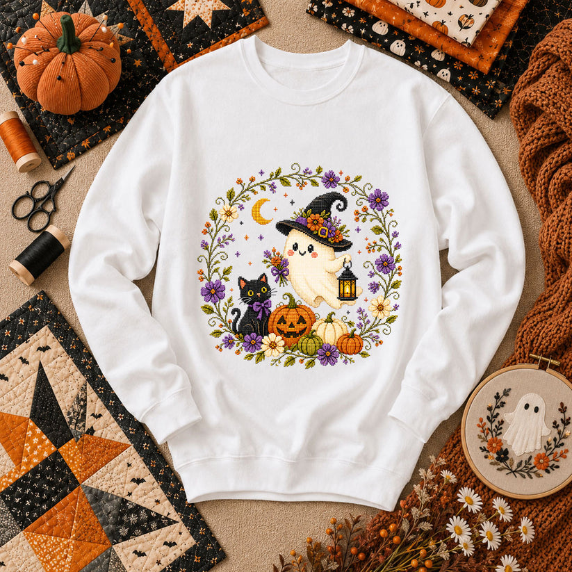 Witchy Ghost Cat Pumpkin Wreath Long Sleeve - White