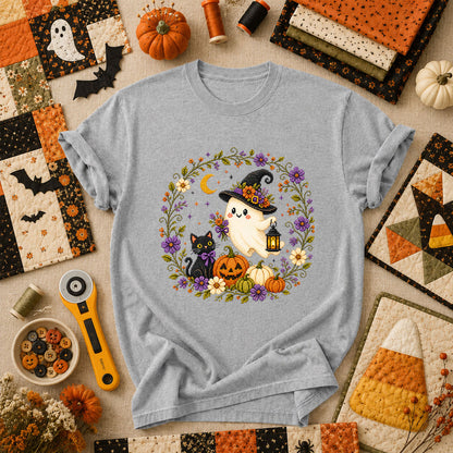 Witchy Ghost Cat Pumpkin Wreath T-Shirt - Athletic Heather