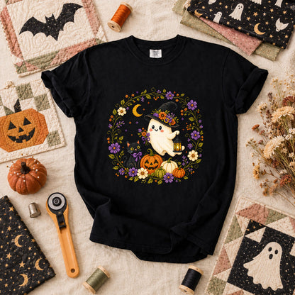 Witchy Ghost Cat Pumpkin Wreath T-Shirt - Black