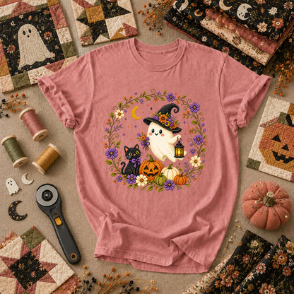 Witchy Ghost Cat Pumpkin Wreath T-Shirt - Heather Mauve