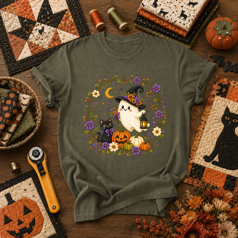 Witchy Ghost Cat Pumpkin Wreath T-Shirt - Military Green
