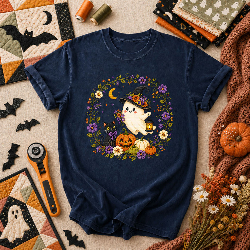 Witchy Ghost Cat Pumpkin Wreath T-Shirt - Navy