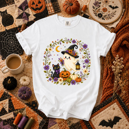 Witchy Ghost Cat Pumpkin Wreath T-Shirt - White