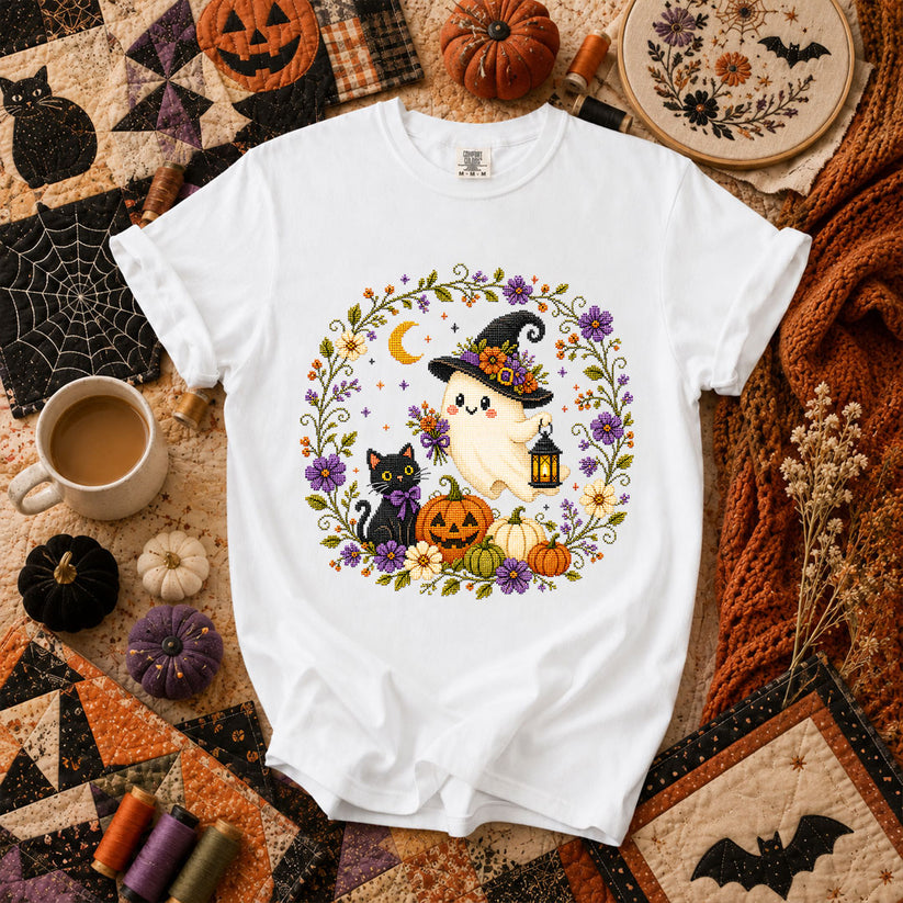 Witchy Ghost Cat Pumpkin Wreath T-Shirt - White