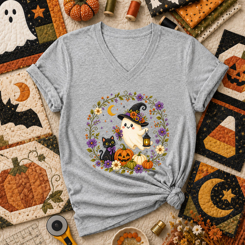 Witchy Ghost Cat Pumpkin Wreath Women's V-Neck - Athletic Heather