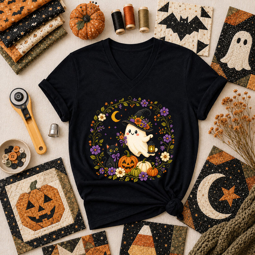 Witchy Ghost Cat Pumpkin Wreath Women's V-Neck - Black
