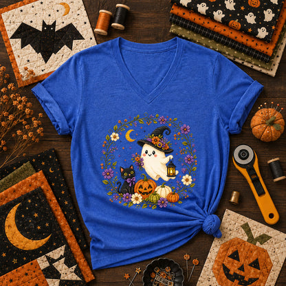 Witchy Ghost Cat Pumpkin Wreath Women's V-Neck - Heather True Royal