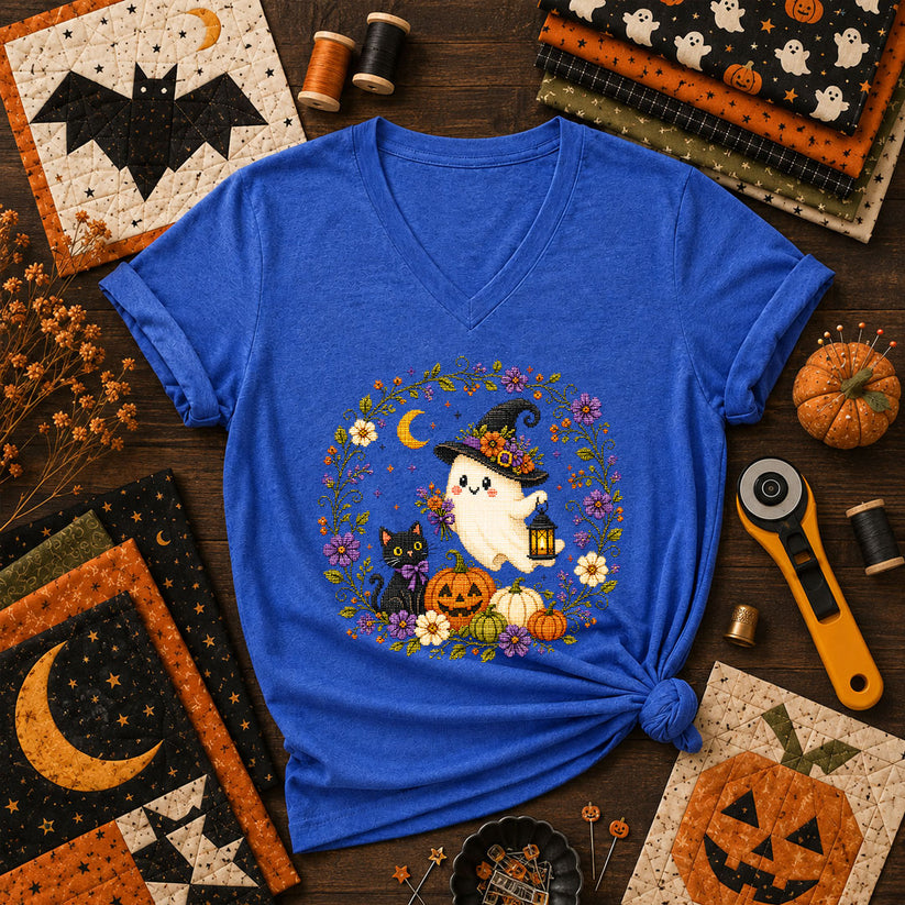 Witchy Ghost Cat Pumpkin Wreath Women's V-Neck - Heather True Royal