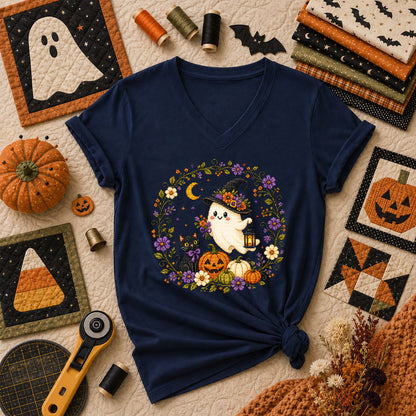 Witchy Ghost Cat Pumpkin Wreath Women's V-Neck - Navy