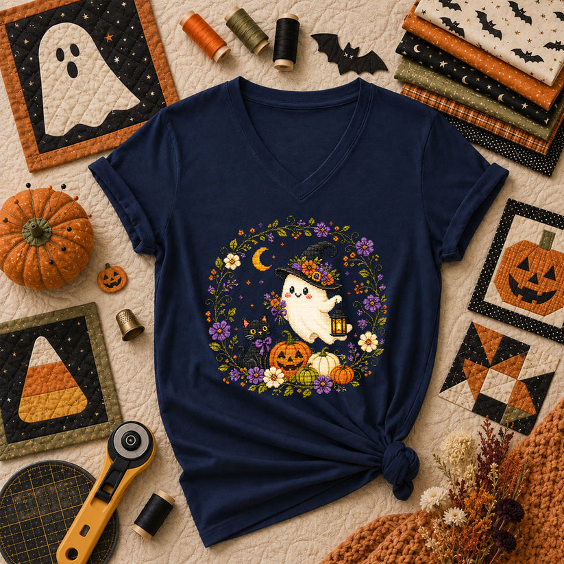 Witchy Ghost Cat Pumpkin Wreath Women's V-Neck - Navy
