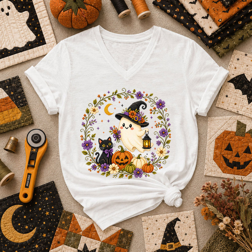 Witchy Ghost Cat Pumpkin Wreath Women's V-Neck - White