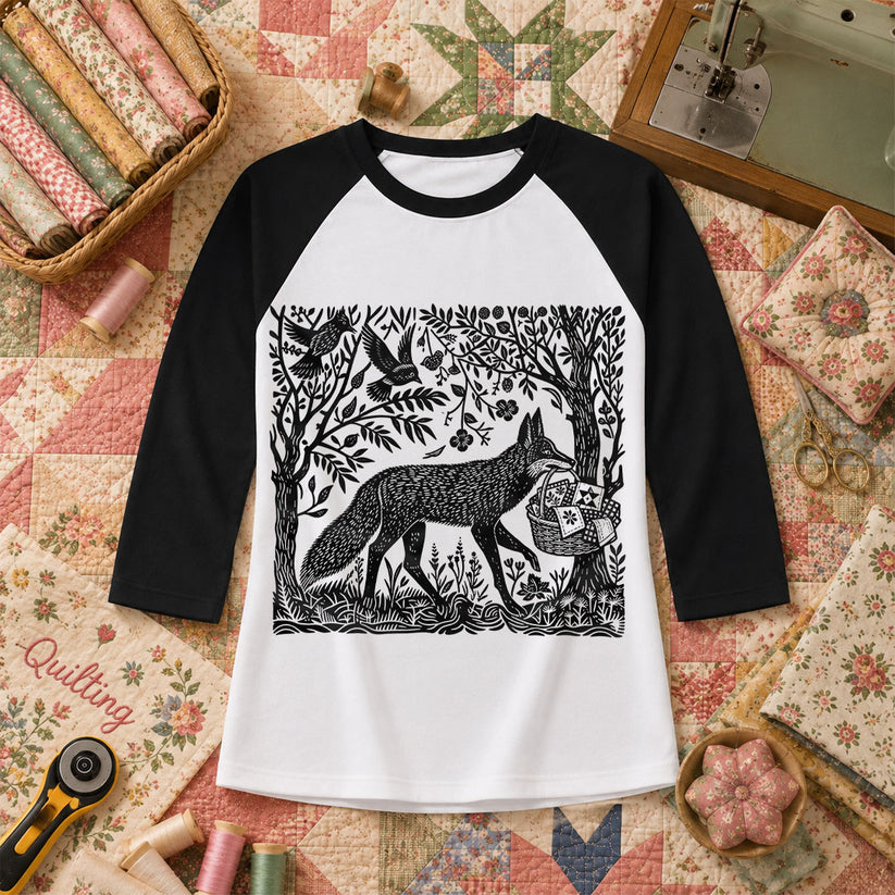 Woodcut Fox Carrying Quilt Basket Raglan Sleeve - Black