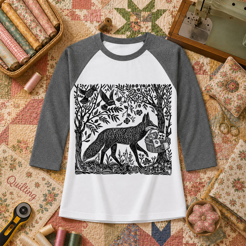 Woodcut Fox Carrying Quilt Basket Raglan Sleeve - Deep Heather