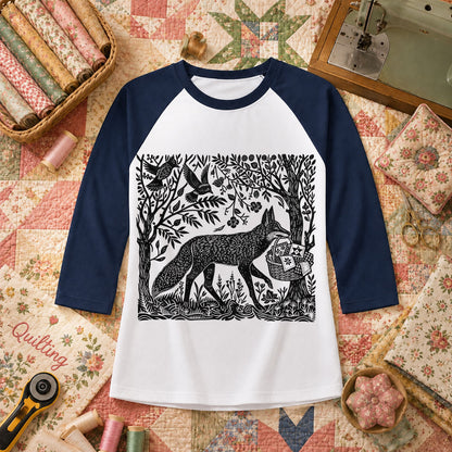 Woodcut Fox Carrying Quilt Basket Raglan Sleeve - Navy