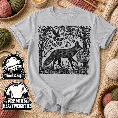 Woodcut Fox Carrying Quilt Basket T-Shirt - Athletic Heather