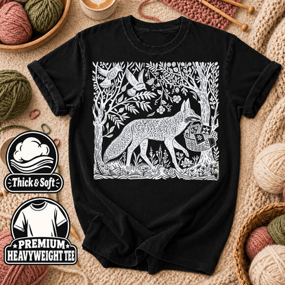 Woodcut Fox Carrying Quilt Basket T-Shirt - Black
