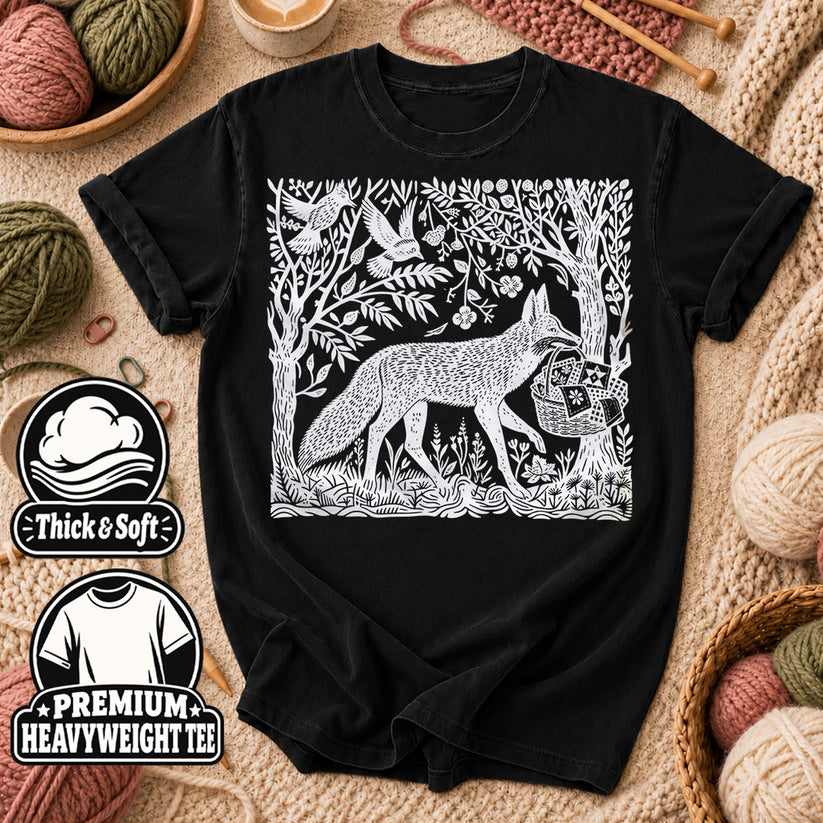Woodcut Fox Carrying Quilt Basket T-Shirt - Black