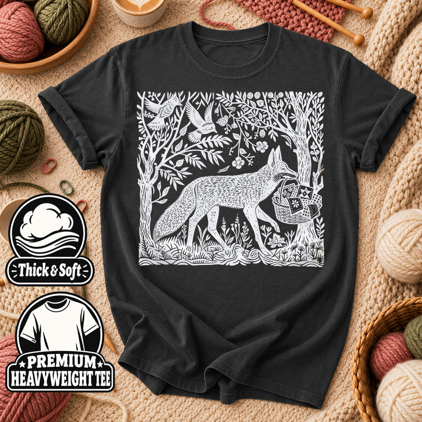 Woodcut Fox Carrying Quilt Basket T-Shirt - Dark Heather Grey