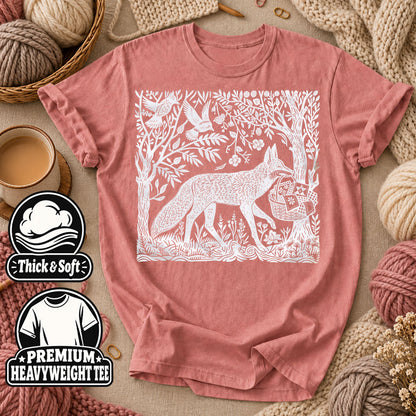 Woodcut Fox Carrying Quilt Basket T-Shirt - Heather Mauve