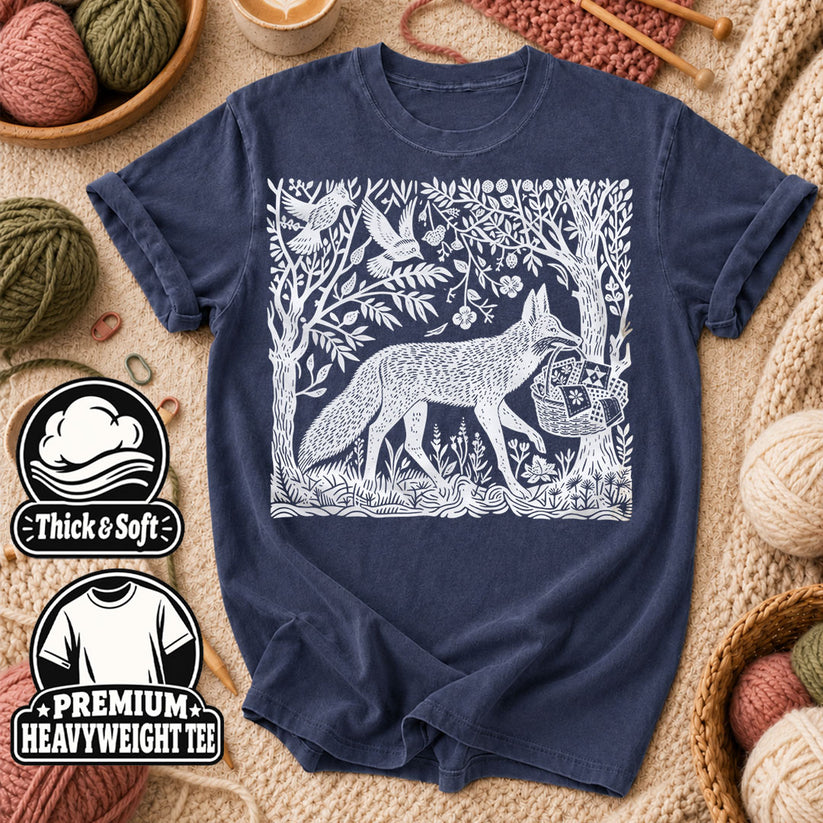 Woodcut Fox Carrying Quilt Basket T-Shirt - Heather Navy