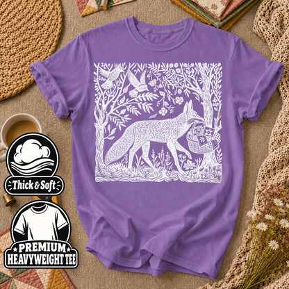 Woodcut Fox Carrying Quilt Basket T-Shirt - Heather Team Purple