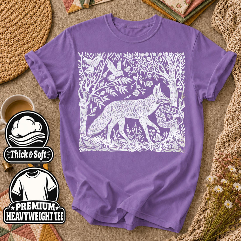Woodcut Fox Carrying Quilt Basket T-Shirt - Heather Team Purple