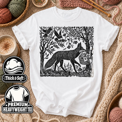 Woodcut Fox Carrying Quilt Basket T-Shirt - White