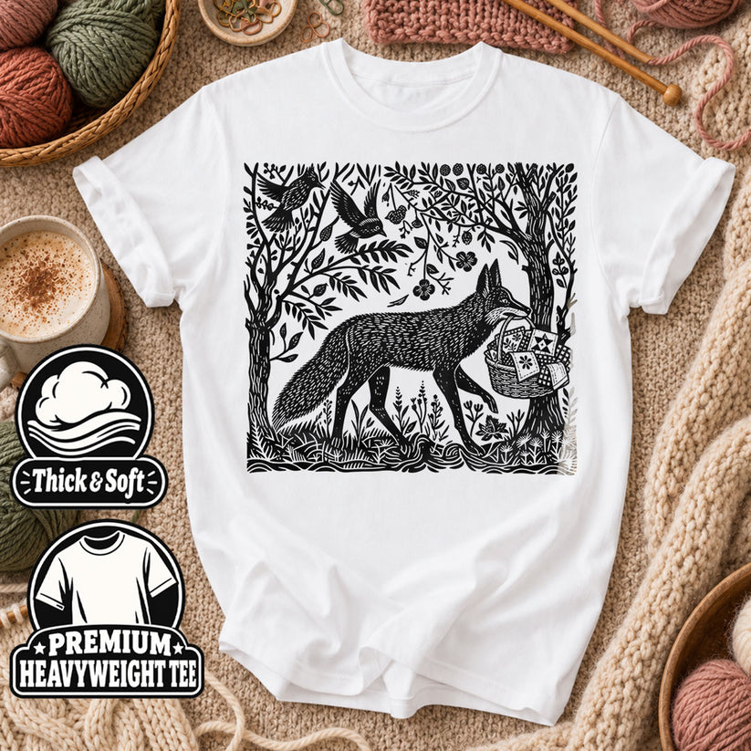 Woodcut Fox Carrying Quilt Basket T-Shirt - White