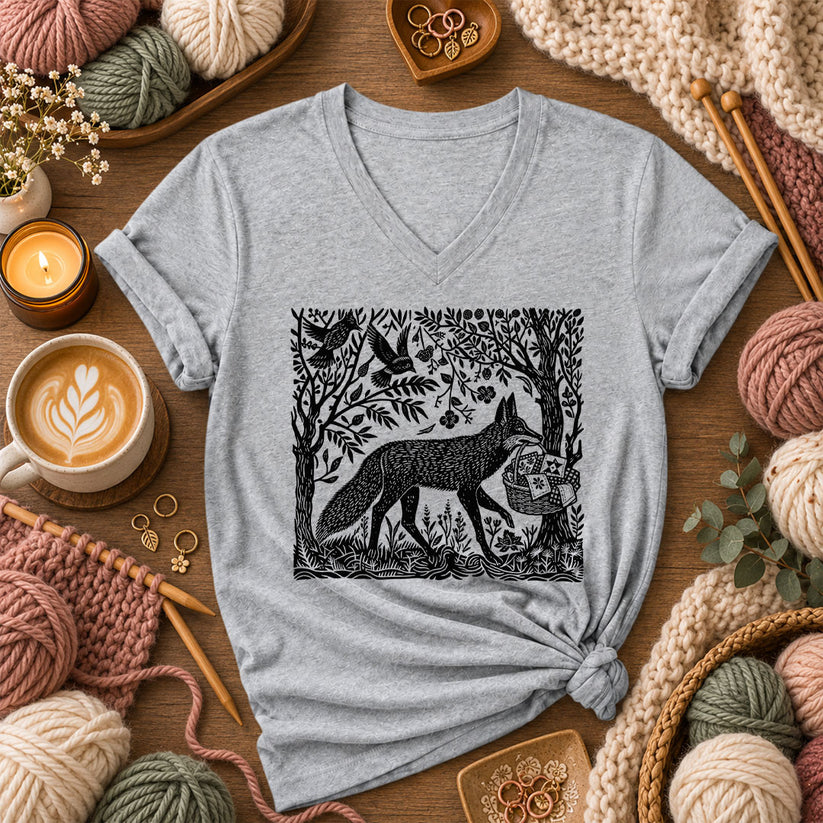 Woodcut Fox Carrying Quilt Basket Women's V-Neck - Athletic Heather