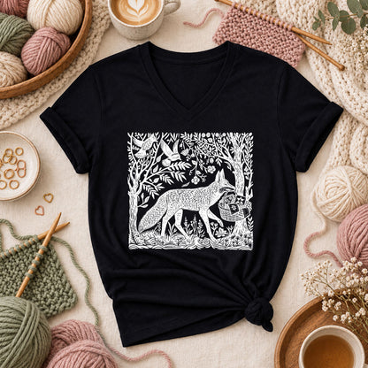 Woodcut Fox Carrying Quilt Basket Women's V-Neck - Black