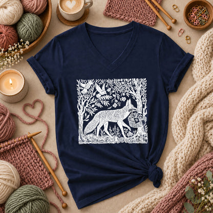 Woodcut Fox Carrying Quilt Basket Women's V-Neck - Navy