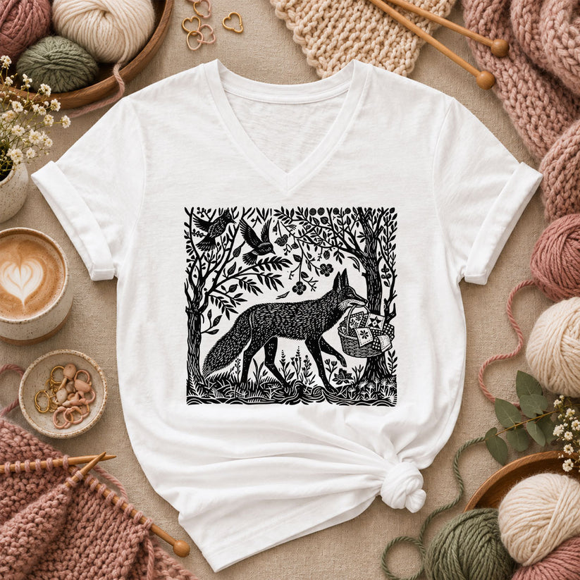 Woodcut Fox Carrying Quilt Basket Women's V-Neck - White