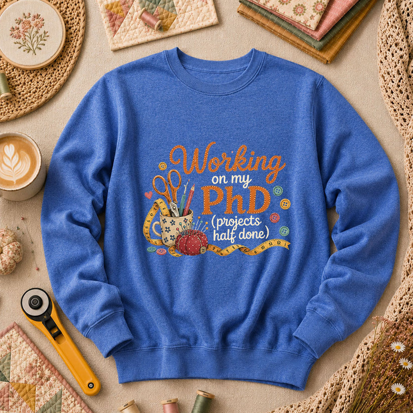 Working On My PhD Projects Half Done Long Sleeve - Heather True Royal