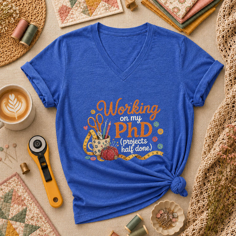 Working On My PhD Projects Half Done Women's V-Neck - Heather True Royal