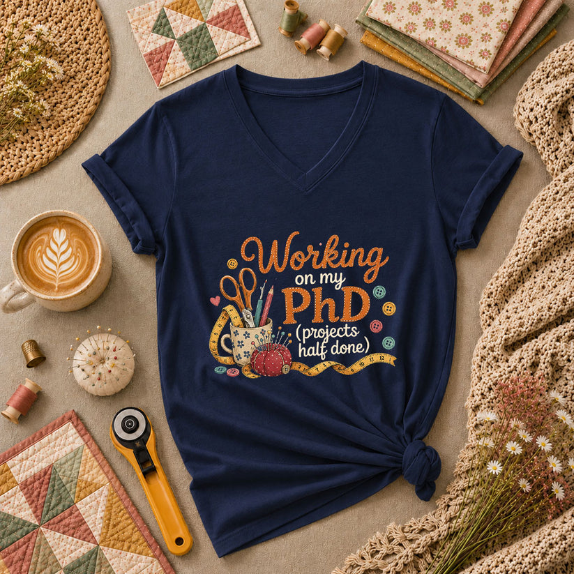 Working On My PhD Projects Half Done Women's V-Neck - Navy