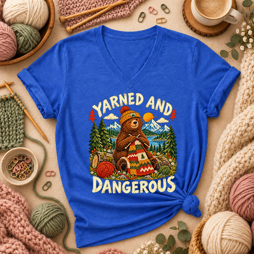 Yarned And Dangerous Bear Women's V-Neck - Heather True Royal