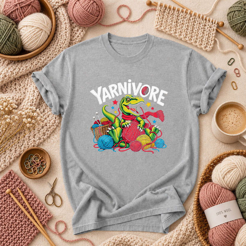 Yarnivore Dinosaur With Yarn Balls T-Shirt - Athletic Heather