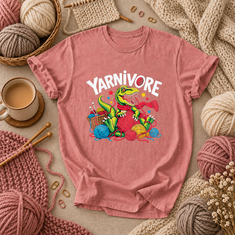 Yarnivore Dinosaur With Yarn Balls T-Shirt - Heather Mauve
