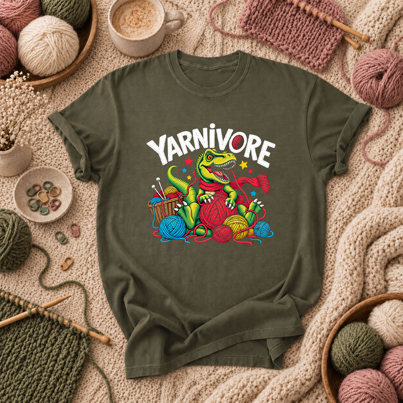 Yarnivore Dinosaur With Yarn Balls T-Shirt - Military Green