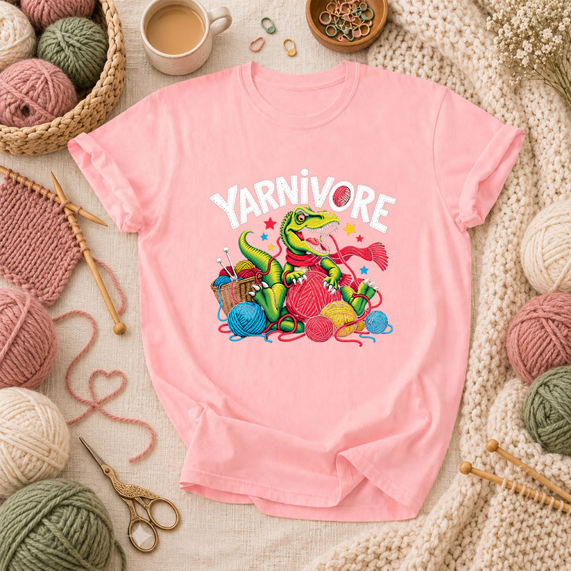 Yarnivore Dinosaur With Yarn Balls T-Shirt - Pink