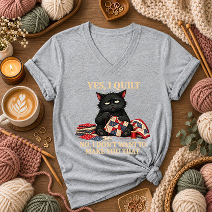 Yes I Quilt No I Don't Want To Make You That Black Cat Women's V-Neck - Athletic Heather