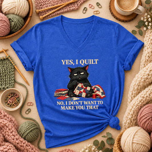 Yes I Quilt No I Don't Want To Make You That Black Cat Women's V-Neck - Heather True Royal