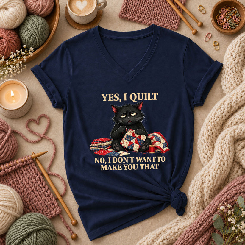 Yes I Quilt No I Don't Want To Make You That Black Cat Women's V-Neck - Navy