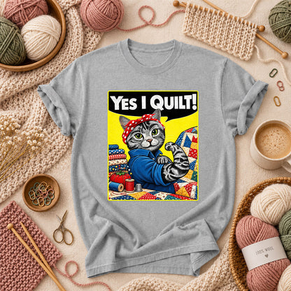 Yes I Quilt Riveter Cat T-Shirt - Athletic Heather