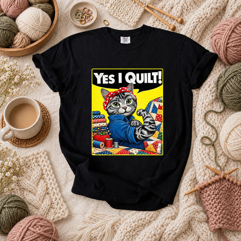 Yes I Quilt Riveter Cat T-Shirt - Black