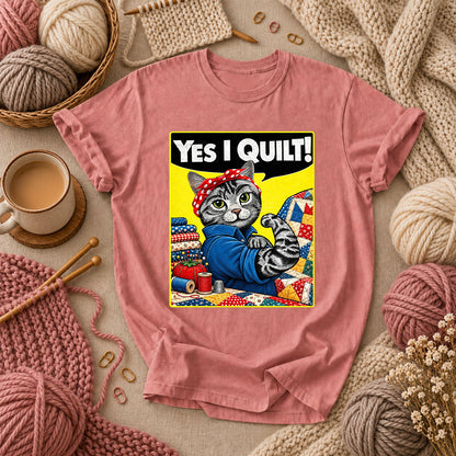 Yes I Quilt Riveter Cat T-Shirt - Heather Mauve