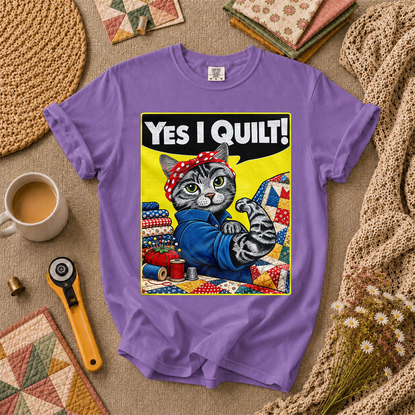 Yes I Quilt Riveter Cat T-Shirt - Heather Team Purple