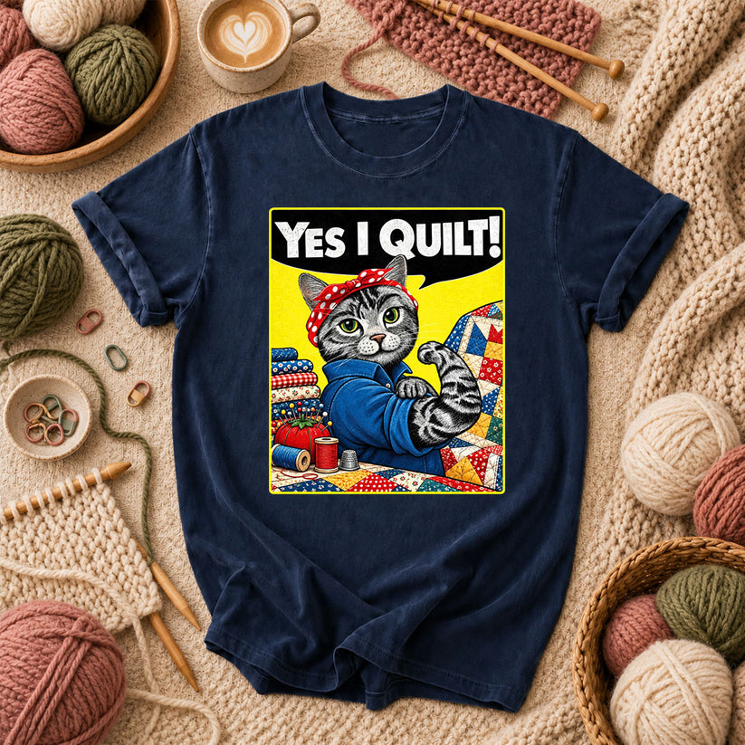 Yes I Quilt Riveter Cat T-Shirt - Navy