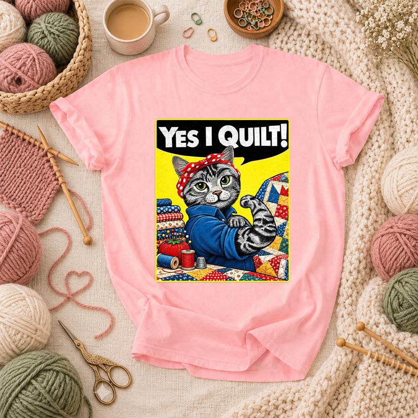 Yes I Quilt Riveter Cat T-Shirt - Pink
